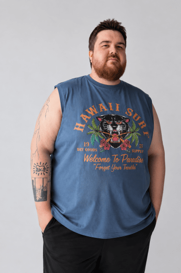 Kam Jeans 5763 Hawaii Surf Vest Vintage Indigo - Μακό μπλουζάκια - Aνδρικά μπλουζεσ μεγάλα μεγέθη