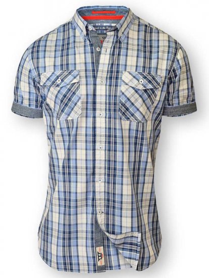 D555 FIDEL Twin Pocket Short Sleeve Blue & Ecru Check Shirt - Πουκάμισα - Aνδρικά πουκαμισα μεγαλα μεγάλα μεγέθη