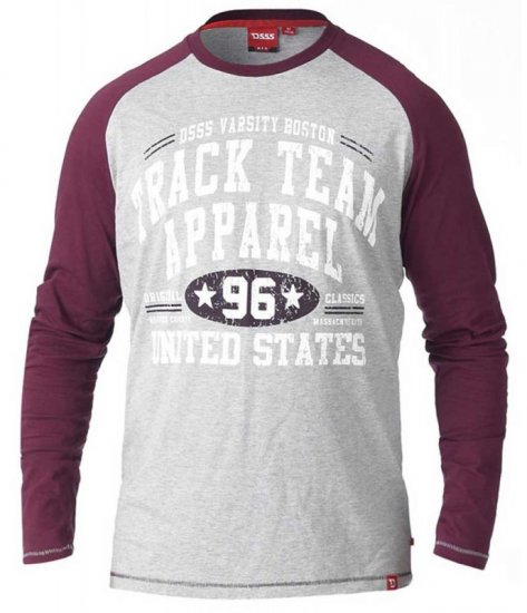 D555 KELTON Long Sleeve Raglan T-Shirt Grey/Burgundy - Μακό μπλουζάκια - Aνδρικά μπλουζεσ μεγάλα μεγέθη