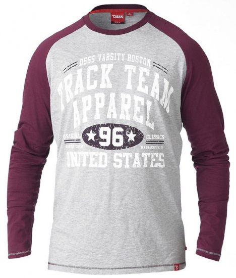 D555 KELTON Long Sleeve Raglan T-Shirt Grey/Burgundy - Μακό μπλουζάκια - Aνδρικά μπλουζεσ μεγάλα μεγέθη