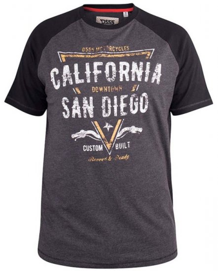 D555 Lismore Raglan Sleeve San Diego Printed T-Shirt Charcoal - Μακό μπλουζάκια - Aνδρικά μπλουζεσ μεγάλα μεγέθη