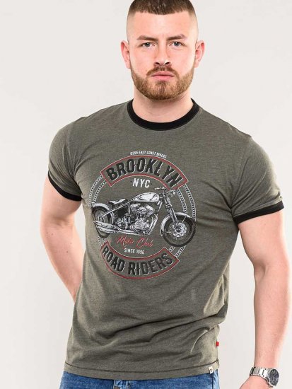 D555 Hereford Brooklyn Motorbike Printed Ringer T-Shirt Khaki - Μακό μπλουζάκια - Aνδρικά μπλουζεσ μεγάλα μεγέθη