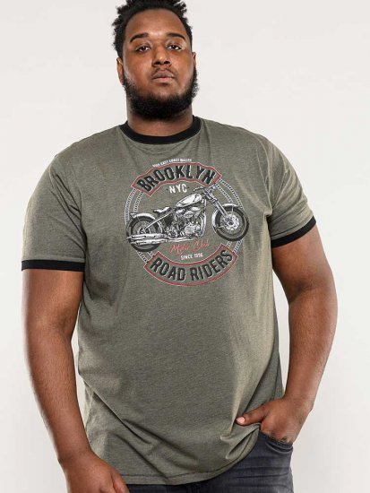 D555 Hereford Brooklyn Motorbike Printed Ringer T-Shirt Khaki - Μακό μπλουζάκια - Aνδρικά μπλουζεσ μεγάλα μεγέθη