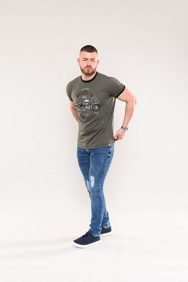 D555 Hereford Brooklyn Motorbike Printed Ringer T-Shirt Khaki - Μακό μπλουζάκια - Aνδρικά μπλουζεσ μεγάλα μεγέθη