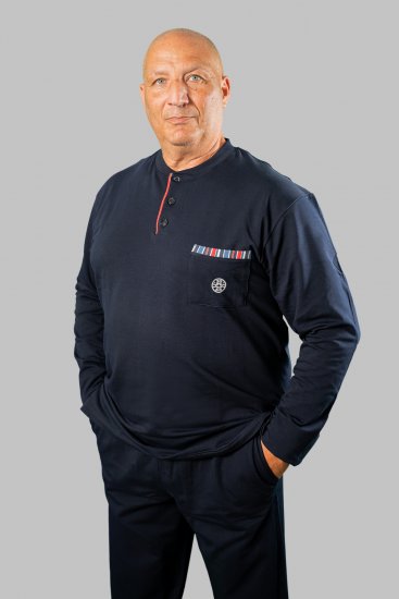 20 Nodi Long Pajamas in Stretch Fleece Cotton with Serafino Collar and Jacket with Pocket and Side Slits Navy - Πιτζάμες - Πιτζάμεσ ανδρικεσ υπερμεγεθη