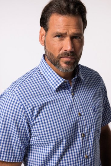 JP1880 Short Sleeve Check Print Traditional Shirt Blue - Πουκάμισα - Aνδρικά πουκαμισα μεγαλα μεγάλα μεγέθη