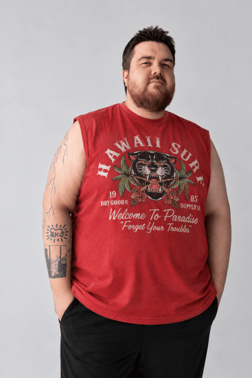 Kam Jeans 5763 Hawaii Surf Vest Sleeveless T-Shirt Washed Red - Μακό μπλουζάκια - Aνδρικά μπλουζεσ μεγάλα μεγέθη