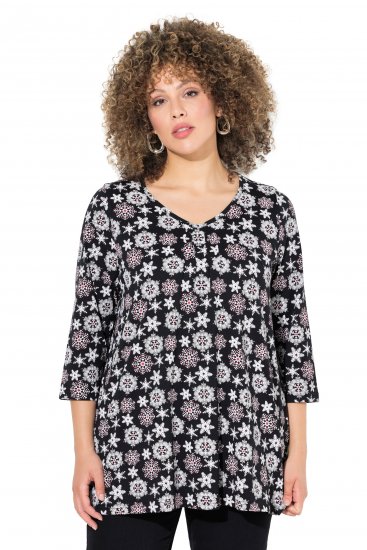 Ulla Popken Snowflake Print 3/4 Sleeve A-Line Tee Black - Τυπωμένα T-shirts για γυναίκες - 