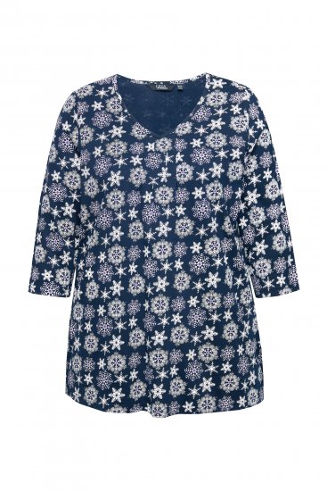 Ulla Popken Snowflake Print 3/4 Sleeve A-Line Tee Navy - Τυπωμένα T-shirts για γυναίκες - 