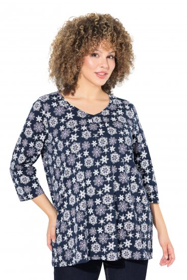 Ulla Popken Snowflake Print 3/4 Sleeve A-Line Tee Navy - Τυπωμένα T-shirts για γυναίκες - 