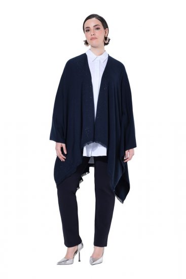 Ulla Popken 841117 Πλεκτό oversized πόντσο με στρας Σκούρο μπλε - Πόντσο και κάπες - 
