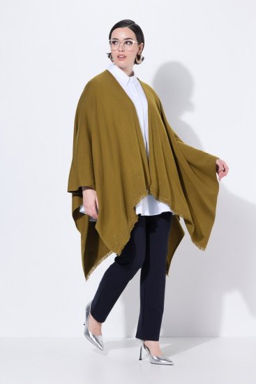 Ulla Popken 841117 Πλεκτό oversized πόντσο με στρας Λαδί - Πόντσο και κάπες - 