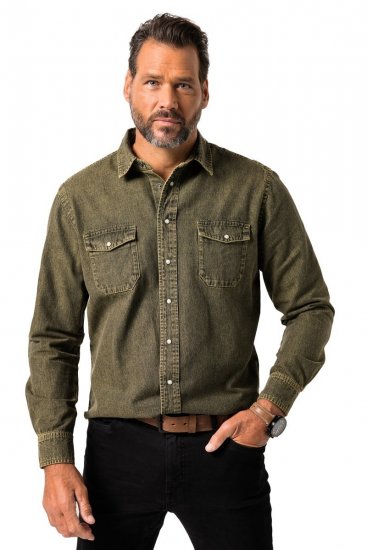 JP1880 Denim Shirt Long Sleeve Olive Green - Πουκάμισα - Aνδρικά πουκαμισα μεγαλα μεγάλα μεγέθη