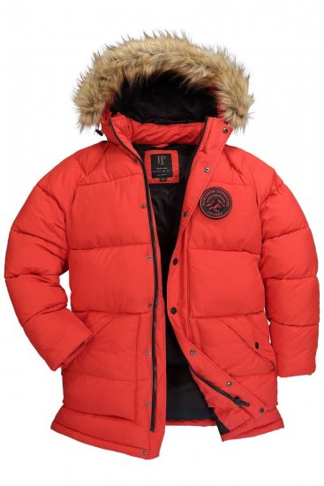 JP1880 Parka Quilted Faux Fur Hood Red - Μπουφάν - Aνδρικά μπουφαν μεγάλα μεγέθη