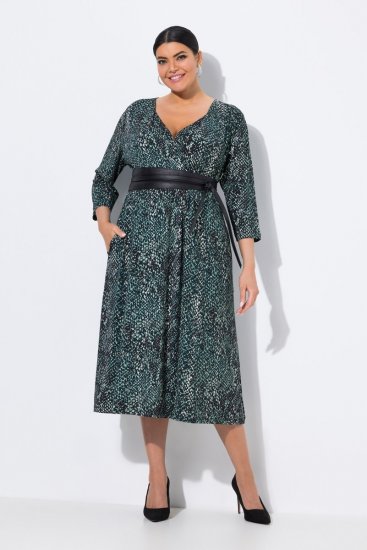 Ulla Popken 841839 Ζέρσεϊ φόρεμα με animal print και μανίκια 3/4 Σκούρο πράσινο - Μίντι φορέματα - Γυναικεία Midi Φορέματα σε Μεγάλα Μεγέθη