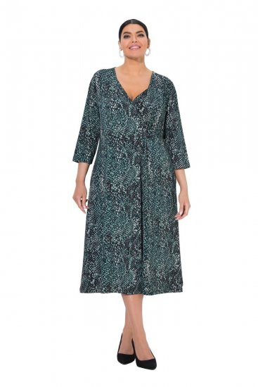 Ulla Popken 841839 Ζέρσεϊ φόρεμα με animal print και μανίκια 3/4 Σκούρο πράσινο - Μίντι φορέματα - Γυναικεία Midi Φορέματα σε Μεγάλα Μεγέθη