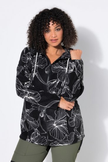 Ulla Popken 842758 Φλοράλ μπουφάν fleece με κουκούλα Μαύρο - Ρούχα φλις - 