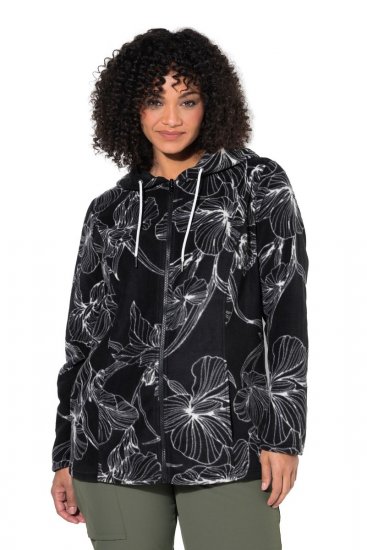 Ulla Popken 842758 Φλοράλ μπουφάν fleece με κουκούλα Μαύρο - Ρούχα φλις - 