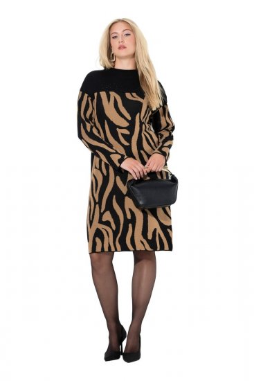 Ulla Popken 845378 Πλεκτό φόρεμα με animal print Μπεζ - Βραδινά φορέματα - Βραδινά φορέματα σε μεγάλα μεγέθη