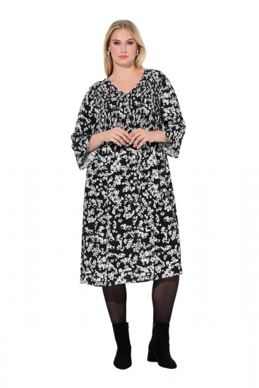 Ulla Popken 845825 Φλοράλ μίντι φόρεμα με μανίκια 3/4 Μαύρο - Μίντι φορέματα - Γυναικεία Midi Φορέματα σε Μεγάλα Μεγέθη