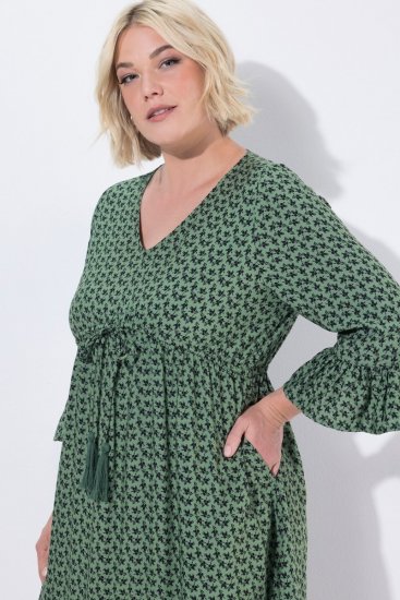 Ulla Popken 847798 Μίντι φόρεμα σε γραμμή Α με V λαιμόκοψη Σκούρο πράσινο - Μίντι φορέματα - Γυναικεία Midi Φορέματα σε Μεγάλα Μεγέθη