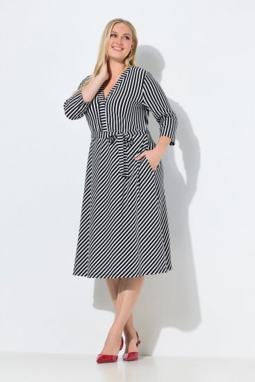 Ulla Popken 848052 Ριγέ μίντι φόρεμα με ζώνη για δέσιμο Μαύρο - Μίντι φορέματα - Γυναικεία Midi Φορέματα σε Μεγάλα Μεγέθη