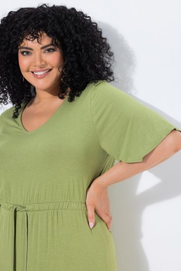 Ulla Popken 848829 Μίντι φόρεμα με κοντά μανίκια και κορδόνι Ανοιχτό πράσινο - Μίντι φορέματα - Γυναικεία Midi Φορέματα σε Μεγάλα Μεγέθη