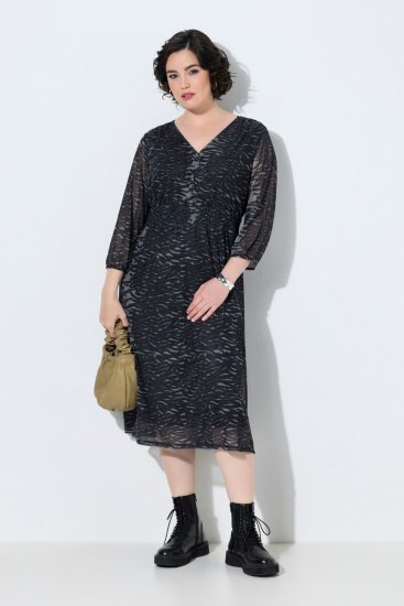 Ulla Popken 853620 Μίντι φόρεμα με animal print και μανίκια 3/4 Μαύρο - Μίντι φορέματα - Γυναικεία Midi Φορέματα σε Μεγάλα Μεγέθη