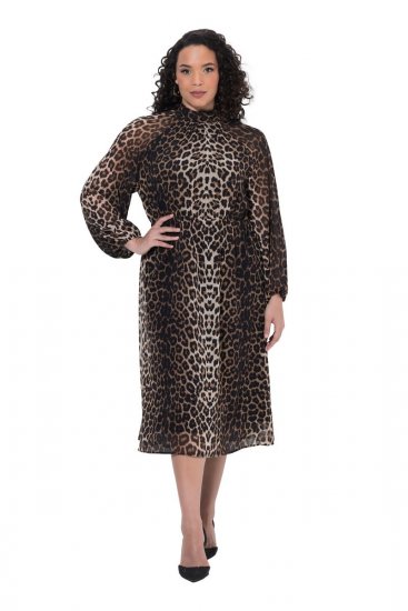 Ulla Popken 853788 Σιφόν φόρεμα με animal print Ανοιχτό καφέ - Μάξι φορέματα - Maxi Φορέματα σε Μεγάλα Μεγέθη