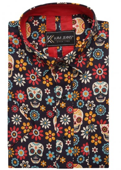 Kam Jeans 6040 Floral Skull Print Shirt Black - Πουκάμισα - Aνδρικά πουκαμισα μεγαλα μεγάλα μεγέθη
