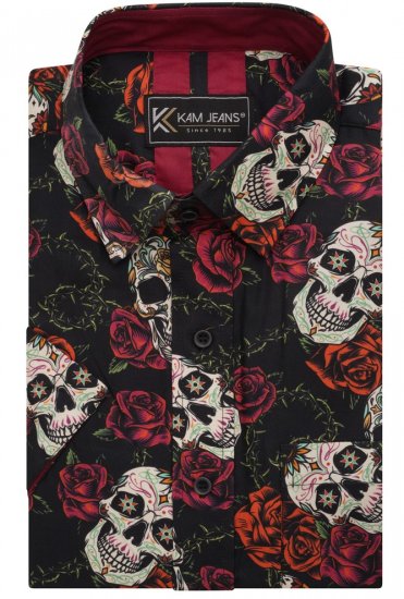 Kam Jeans 6042 Rose Skull Digital Print Shirt Black - Πουκάμισα - Aνδρικά πουκαμισα μεγαλα μεγάλα μεγέθη