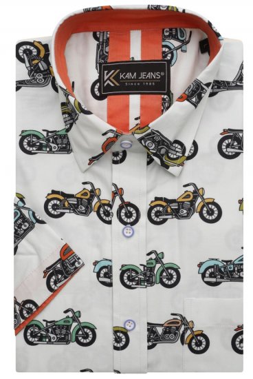 Kam Jeans 6043 Motorbike Digital Print Short Sleeve Shirt Multi-Colored - Πουκάμισα - Aνδρικά πουκαμισα μεγαλα μεγάλα μεγέθη