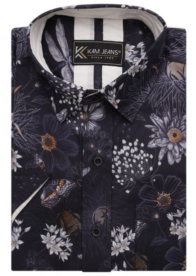 Kam Jeans 6045 Dragonfly Digital Print Short Sleeve Shirt Navy - Πουκάμισα - Aνδρικά πουκαμισα μεγαλα μεγάλα μεγέθη