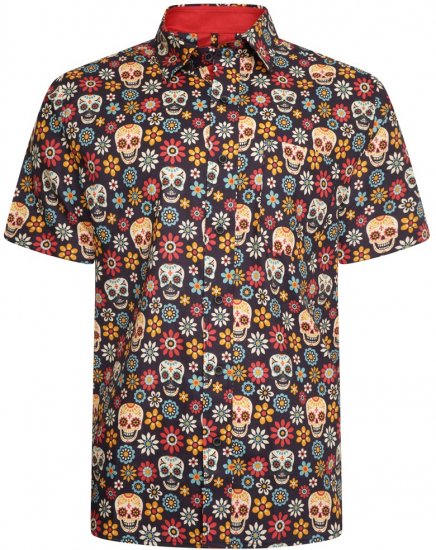Kam Jeans 6040 Floral Skull Print Shirt Black - Πουκάμισα - Aνδρικά πουκαμισα μεγαλα μεγάλα μεγέθη