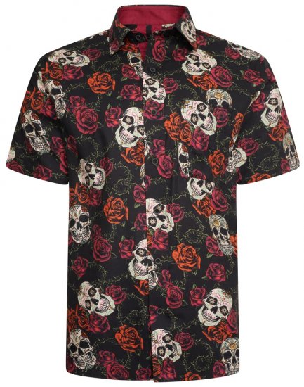 Kam Jeans 6042 Rose Skull Digital Print Shirt Black - Πουκάμισα - Aνδρικά πουκαμισα μεγαλα μεγάλα μεγέθη