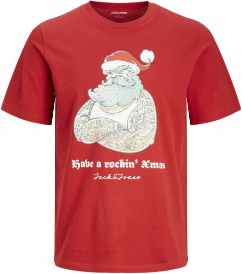 Jack & Jones XMAS Funny Rockin Santa T-Shirt Red - Μακό μπλουζάκια - Aνδρικά μπλουζεσ μεγάλα μεγέθη