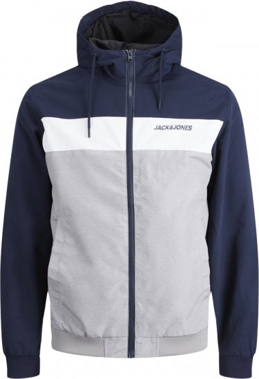 Jack & Jones RUSH White/Grey Blocking Bomber Jacket with Hood Navy Blazer - Μπουφάν - Aνδρικά μπουφαν μεγάλα μεγέθη