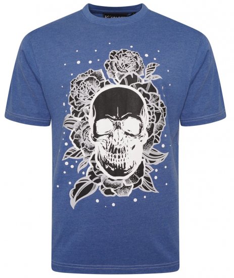 Kam Jeans 5704 Skull Rose Print Tee Blue Marl - Μακό μπλουζάκια - Aνδρικά μπλουζεσ μεγάλα μεγέθη