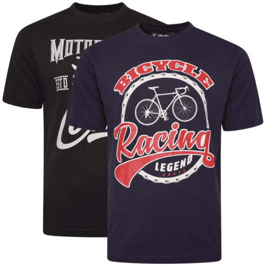 Kam Jeans 5712 Twin Pack Motorcycle/Cycle Print Tee Black and Navy - Μακό μπλουζάκια - Aνδρικά μπλουζεσ μεγάλα μεγέθη