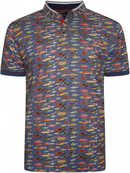 Kam Jeans 5743 Fish Print Jersey Grandad Top Indigo - Πόλο μπλουζάκια - Aνδρικά μπλουζακια πολο μεγάλα μεγέθη