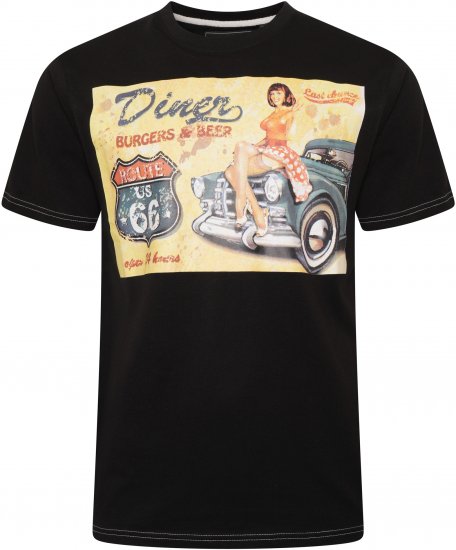 Kam Jeans 5751 Distressed Diners Print T-Shirt Black - Μακό μπλουζάκια - Aνδρικά μπλουζεσ μεγάλα μεγέθη