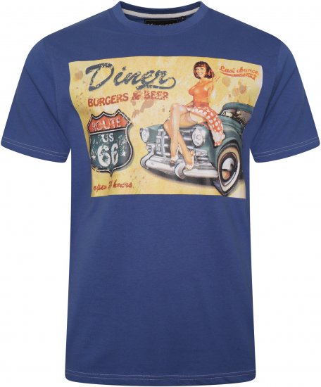 Kam Jeans 5751 Distressed Diners Print T-Shirt Blue - Μακό μπλουζάκια - Aνδρικά μπλουζεσ μεγάλα μεγέθη