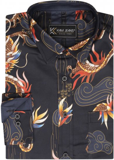 Kam Jeans 6057 LS Dragon Print Shirt Black - Πουκάμισα - Aνδρικά πουκαμισα μεγαλα μεγάλα μεγέθη