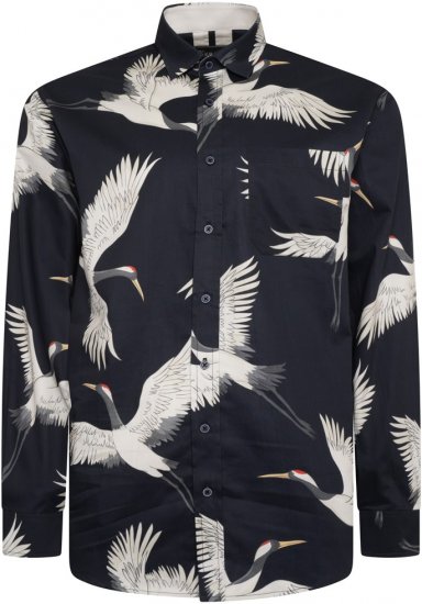 Kam Jeans 6059 LS Bird Print Shirt Navy - Πουκάμισα - Aνδρικά πουκαμισα μεγαλα μεγάλα μεγέθη