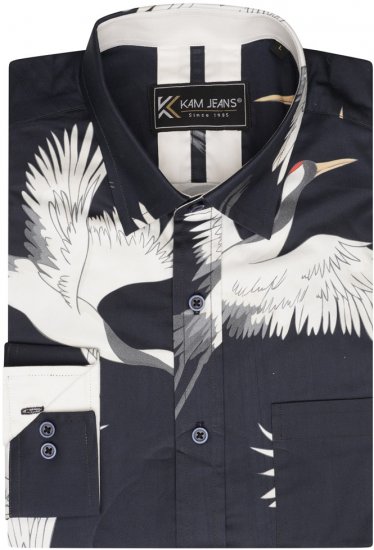 Kam Jeans 6059 LS Bird Print Shirt Navy - Πουκάμισα - Aνδρικά πουκαμισα μεγαλα μεγάλα μεγέθη