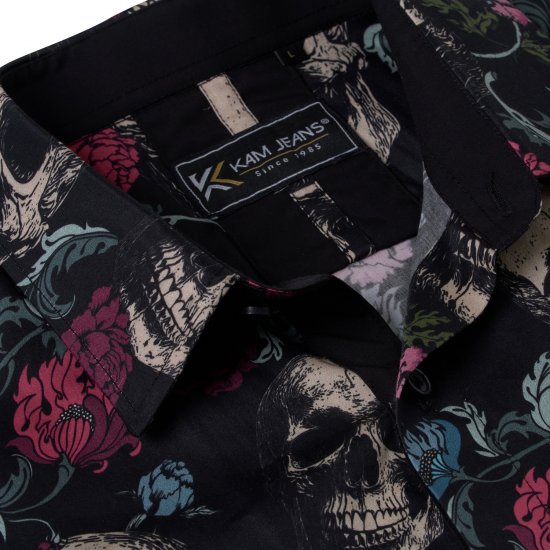 Kam Jean 6074 Πουκάμισο Με Φλοράλ Στάμπα Νεκροκεφαλής Μαύρο - Πουκάμισα - Aνδρικά πουκαμισα μεγαλα μεγάλα μεγέθη