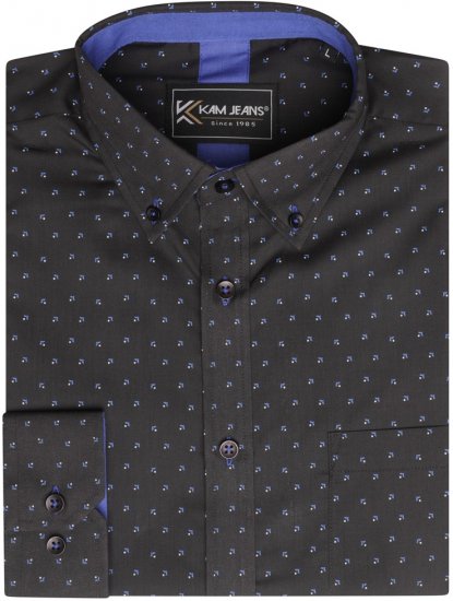 Kam Jeans 6297 Long Sleeve All Over Blue Dobby Print Shirt Black - Πουκάμισα - Aνδρικά πουκαμισα μεγαλα μεγάλα μεγέθη