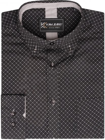 Kam Jeans 6299 Long Sleeve All Over Diamond Print Shirt Black - Πουκάμισα - Aνδρικά πουκαμισα μεγαλα μεγάλα μεγέθη