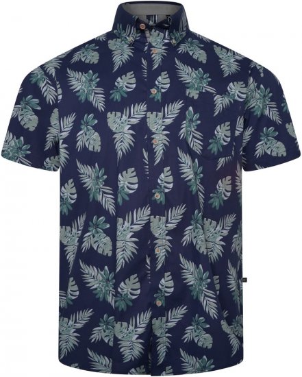 Kam Jeans 6331 AOP Leaf Print Short Sleeve Shirt Navy - Πουκάμισα - Aνδρικά πουκαμισα μεγαλα μεγάλα μεγέθη