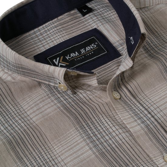 Kam Jeans 6382 Καρό Ανάγλυφο Πουκάμισο Με Κοντό Μανίκι Πέτρας - Πουκάμισα - Aνδρικά πουκαμισα μεγαλα μεγάλα μεγέθη